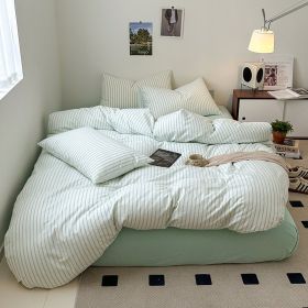 Cotton Yarn-dyed Washed Cotton Four-piece Set Full-cotton Fitted Sheet Non-printed Minimalist Bed Sheet Duvet Cover (Option: Lake Blue Strips-2.0m Bed Sheet)