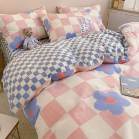 Washed Cotton Four-piece Bedding Set (Option: Pink Plaid-220cm)